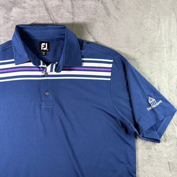 FootJoy Golf Polo Shirt XL Mens Blue Striped The Preserve Logo Athletic - Picture 1 of 11